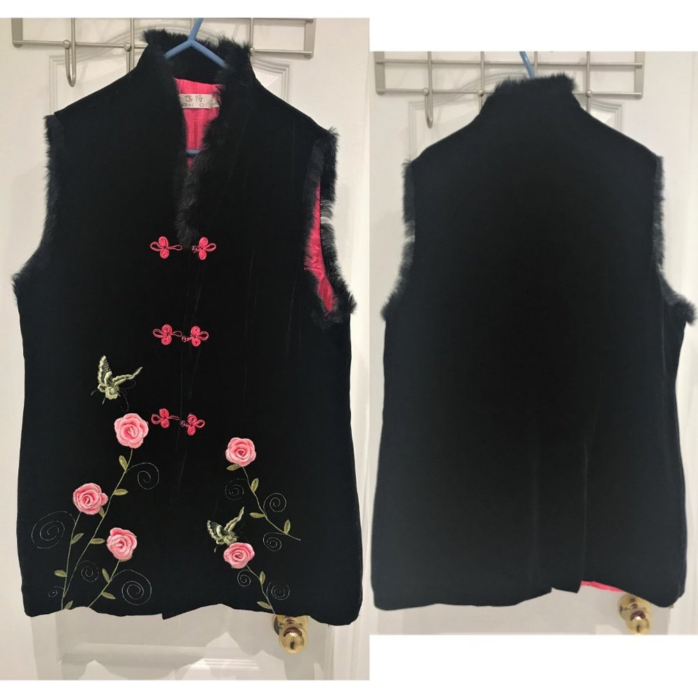 Brand NEW Chinese Style Faux Fur Trim Embroidery Soft Long Vest Size 2X